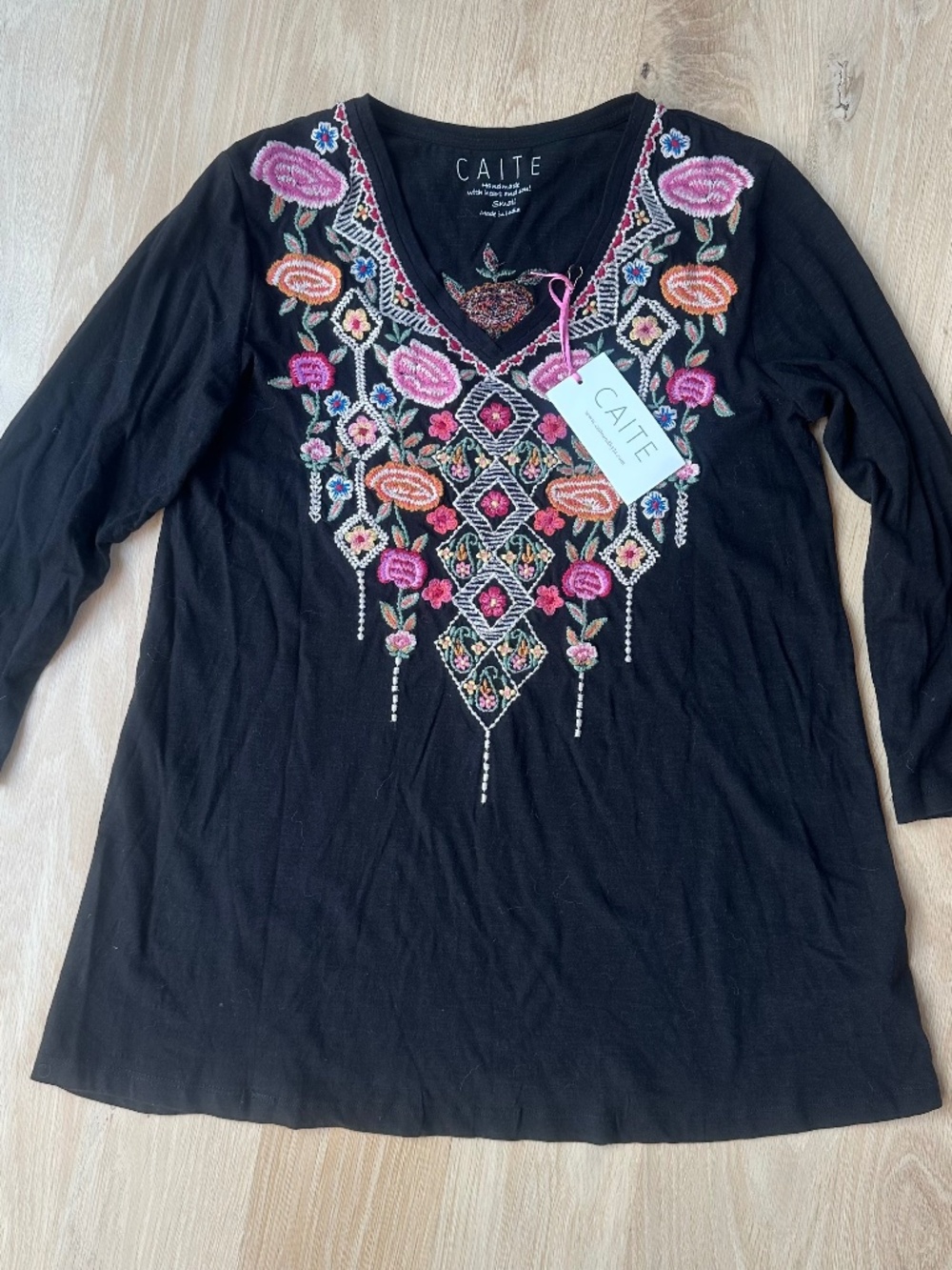 NWT- CAITE  Hand Embroidered Black Tunic Top- Size Small